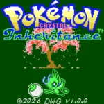 Pokémon Crystal Version title screen with a cherry‑blossom tree and a small green dragon‑like Pokémon on a green background.